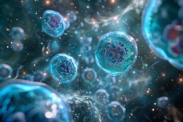 Graphic representation of interconnected biotech cells, illustrating the interconnectivity and communication within biological systems