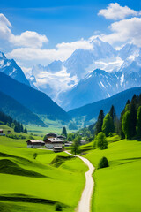 Breathtaking Alpine Landscape - Snow-Kissed Mountains, Vast Green Meadows, and Serene Blue Skies