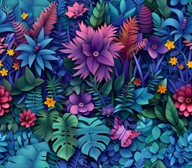 Vibrant Paper Flowers and Leaves in a Colorful Tropical Garden