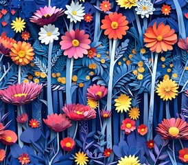 Vibrant Paper Art Flowers In A Blue Forest