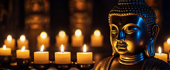Obraz premium Gold buddha statue and lotus flowers on a rock background