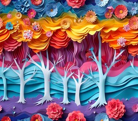 Colorful Abstract Paper Art With Trees And Flowers
