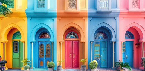 Fototapeta premium Colorful Doors and Arched Windows in a Row of Buildings - Photo