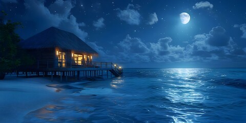 Tranquil Maldives Villa Moonlit Waves Creating Serene Atmosphere on the Shore. Concept Maldives Getaway, Moonlit Waves, Tranquil Villa, Serene Atmosphere, Shore Vibes