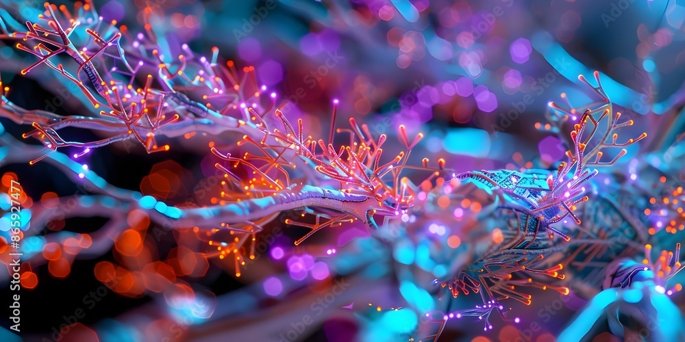 Poster neon fusion abstract digital art blending tree branches with electronic circuit board. concept digit