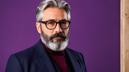 Obraz premium Bearded man in glasses against purple backdrop