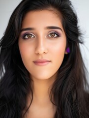 Fototapeta premium A young woman with long black hair and purple makeup.