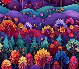 Colorful Abstract Forest with Rainbow-Inspired Pine Trees and Flowers