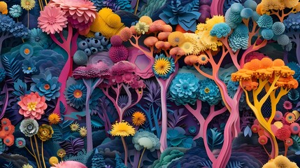 A colorful painting of a forest with trees and flowers. The painting is full of vibrant colors and has a whimsical, dreamy feel to it. The flowers are scattered throughout the painting