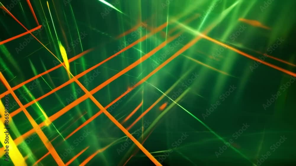 Poster fluorescent green and orange lines intersect and overlap on a dark and mysterious backdrop.