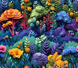 Vibrant Abstract Forest and Bushes with Colorful Flowers