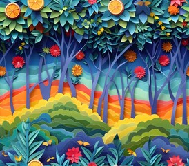 Colorful Paper Art of Rainbow Flowers and Forest