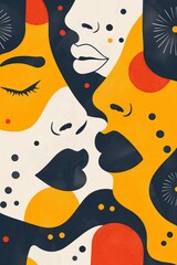 Modern abstract poster art, three women with lips painted on their faces