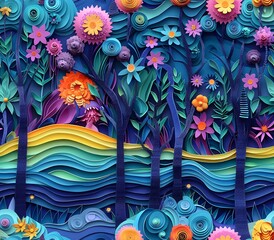 A colorful paper collage of trees and flowers with a blue background. Scene is cheerful and vibrant, with the bright colors of the flowers and the blue sky
