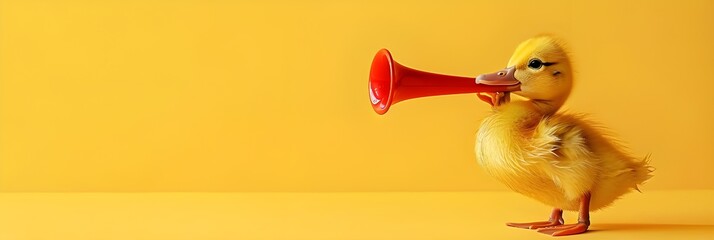 Adorable Yellow Duckling Using Red Trumpet Against Yellow Background