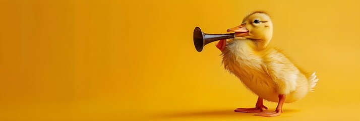 A duck is standing on a yellow background and holding a trumpet. The image conveys a playful and whimsical mood, as the duck is not a typical subject for a trumpet player