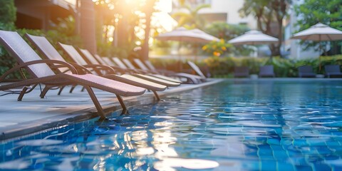 Ultimate leisure and comfort in a relaxing pool area with sun loungers. Concept Poolside Relaxation, Sun Loungers, Leisure Time, Comfortable Retreat, Outdoor Tranquility