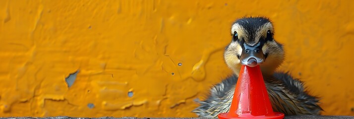 A duck is standing in front of a red cone. The duck is looking at the camera and he is curious about the cone