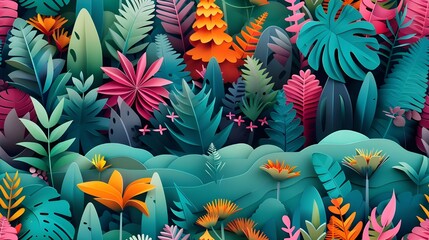 A colorful drawing of a lush green forest with a variety of plants and trees. Concept of tranquility and natural beauty