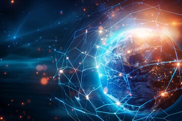Illustrative artwork of a brilliant globe with luminous lines, depicting the interconnectedness of the digital era