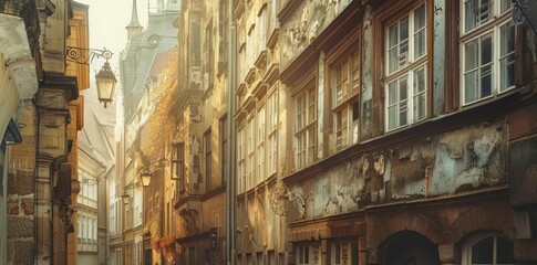 Old European Street with Buildings and Streetlights - Photo