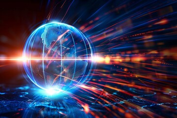 Obraz premium Conceptual image of a luminous globe with radiant lines, representing globalization and technological progress