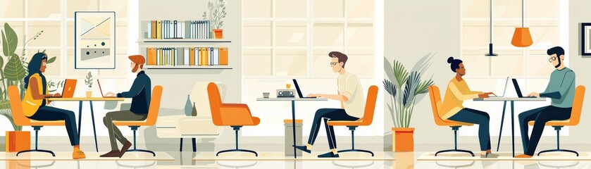 Illustration of a modern office with diverse team members working at desks, collaborating and using computers in a bright, open workspace.