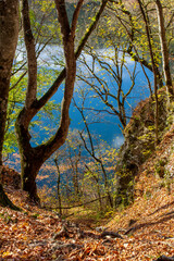 autumn day on a mountain lake of karst origin surrounded by a yellowing forest