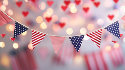 Obraz premium A festive 4th of July theme party setup includes colorful bunting flags with various patterns (stripes, checks, and polka dots), party hats, balloons, and ribbons.