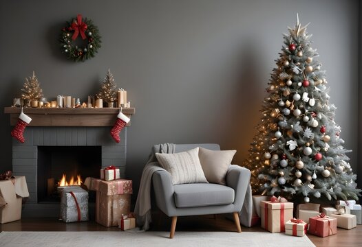 Promotion background Beautiful Christmas tree with gifts near chair and dusty blue textured wall. Monochrome empty living room Wall scene mockup.
