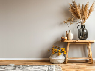 Apartments interiors composition with rustic elements, natural window lighting an copy space. Premium Real Estate interior design image.