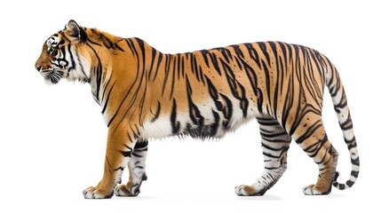 Side view, profile of a tiger standing, isolated on white. 