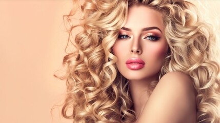 Fototapeta premium A beautiful blonde woman with long curly hair.