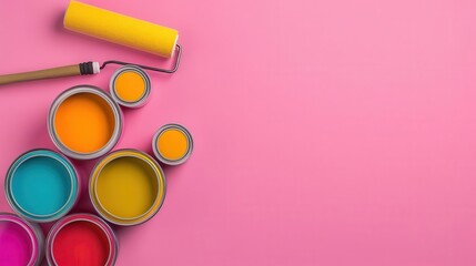 Fototapeta premium Painter clipart with a paint roller and paint cans