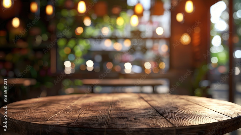 Poster luxurious cafe setting with round mahogany table and blurred background for product display