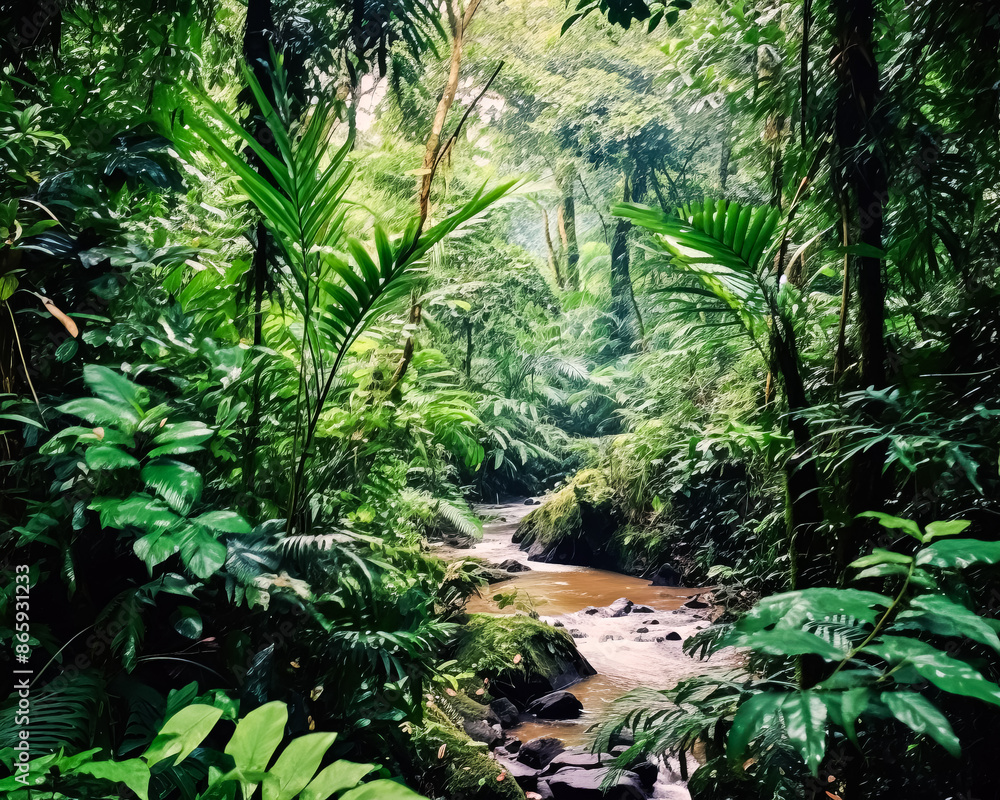 Poster a lush green jungle with a stream running through it.