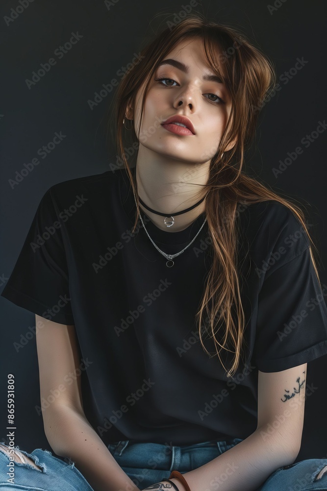 Canvas Prints A young woman in black t - shirt and jeans.