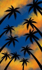 Sunset sky and coconut tree silhouette at the beach. Palm tree silhouette. The evening on the beach Summer orange sky and coconut tree shadow. Rainforest 
