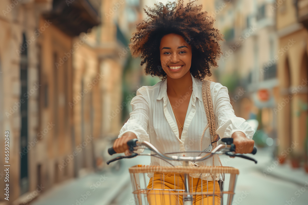 Wall mural Cycle to Work Day. A photo of a happy black woman riding a bicycle with a shopping basket, wearing a white shirt and yellow jeans on the street in front of a store  - Wall murals