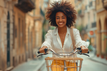 Cycle to Work Day. A photo of a happy black woman riding a bicycle with a shopping basket, wearing a white shirt and yellow jeans on the street in front of a store 