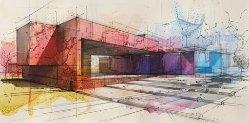 Architectural Illustration of Modern Building with Watercolor Splashes