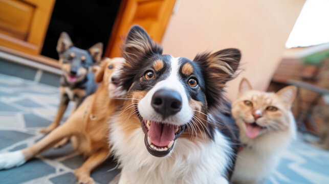 Group of smiling dogs and a cat happy to see the camera