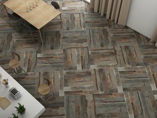 Top view of kitchen area interior with grey marble flooring, white walls, white ceramic kitchen countertop, wooden dining table and chairs, necessary kitchen utensils. 3D Rendering 