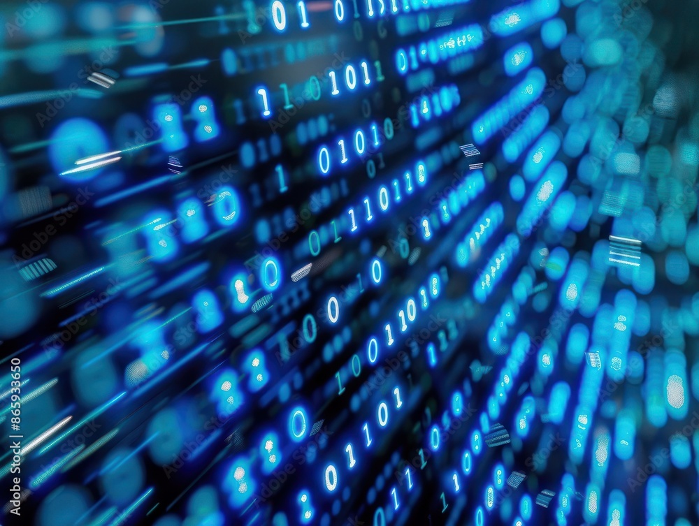 Poster blue digital binary data on computer screen background