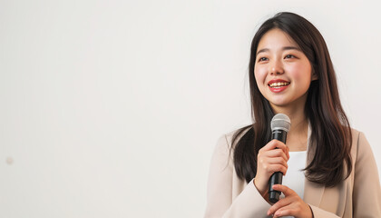 Beautiful Japanese woman giving presentation, holding microphone in hand and smiling to audience on white background