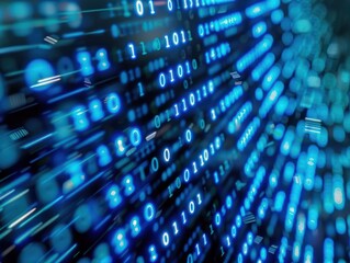 Blue digital binary data on computer screen background
