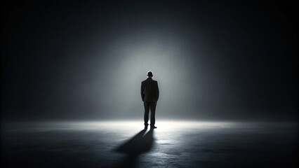 Black silhouette of a man walking through a light