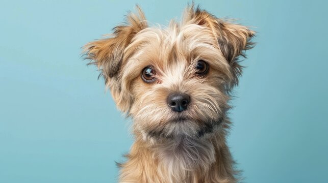 Fluffy 4 month old male Morkie puppy against blue backdrop