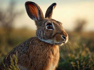 Fototapeta premium A wild hare in a meadow at sunset.