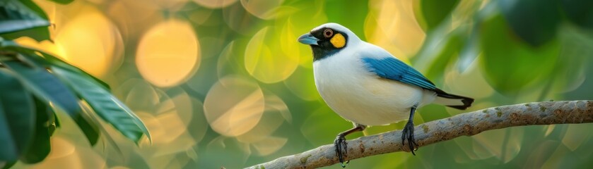 Obraz premium A bird is perched on a branch in a lush green forest